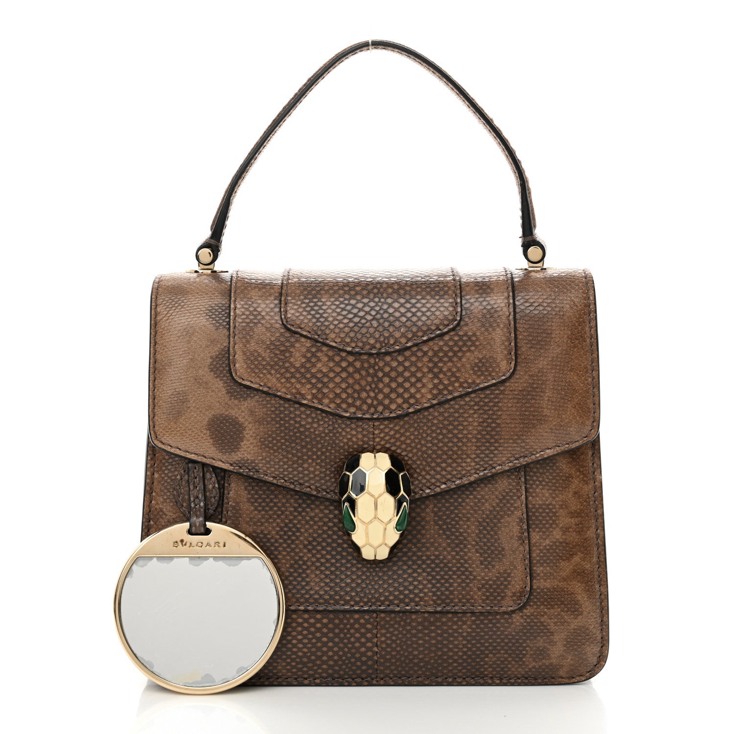 【美品】BVLGARI ブラウンオーストリッチハンドバッグ Bulgari Shiny Karung Serpenti Forever Top Handle Brown 1667643