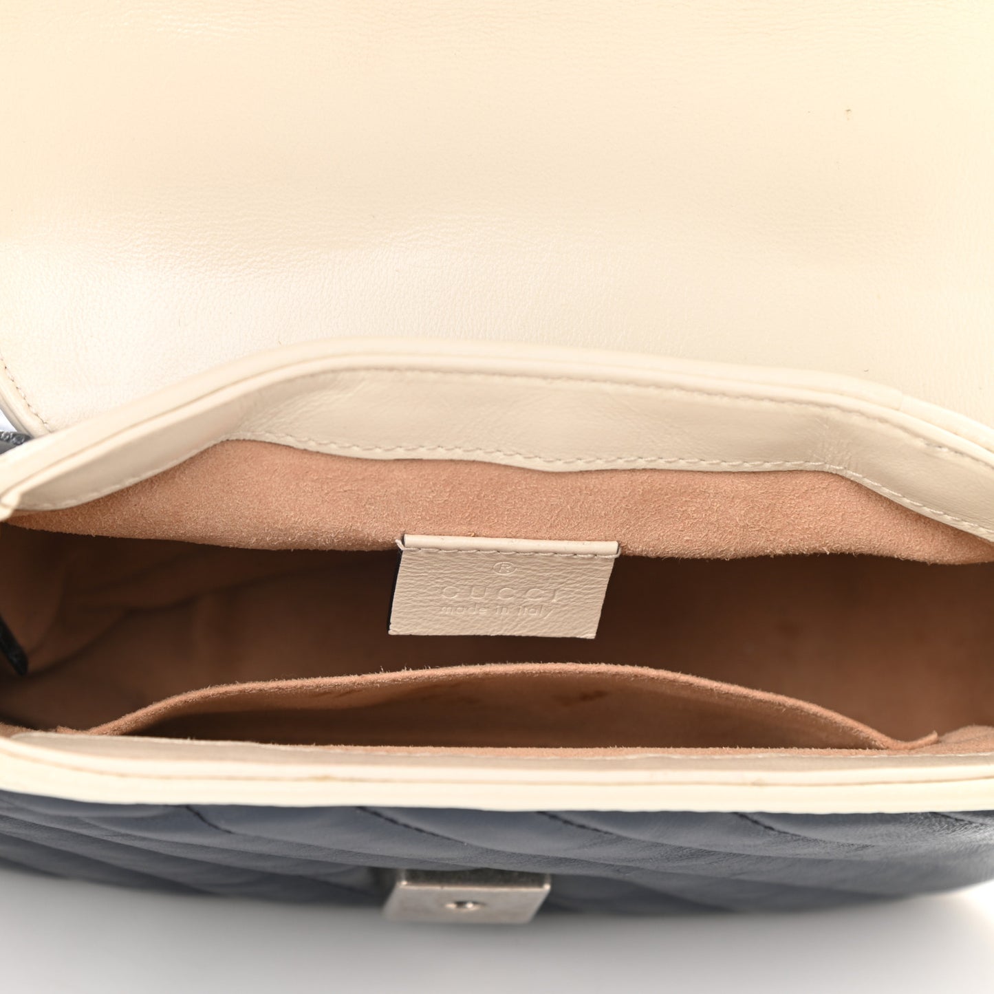 Vintage Effect Calfskin Matelasse Diagonal Mini Torchon GG Marmont Top Handle Shoulder Bag Blue Agata Mystic White