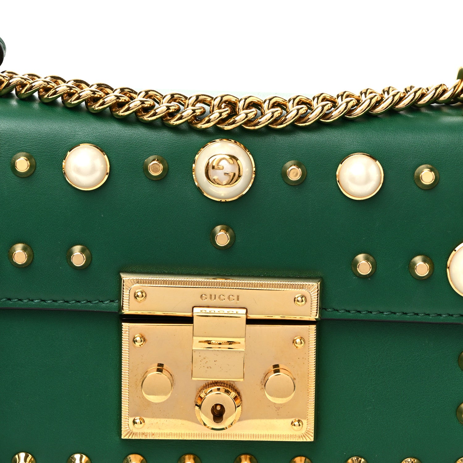 Gucci Calfskin Studded Small Padlock Shoulder Bag Emerald 10 of 14