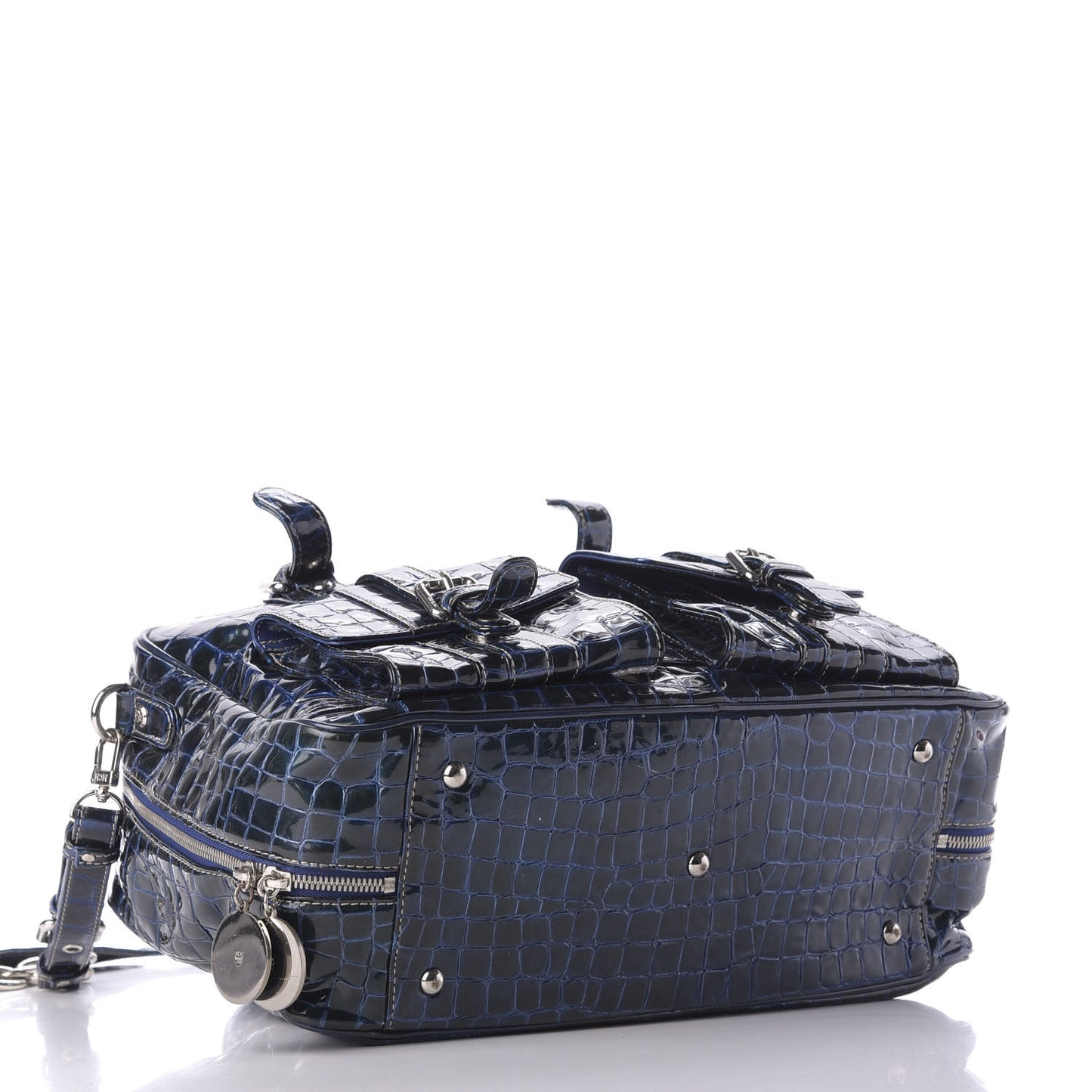 Crocodile Embossed Patent Calfskin Double Pocket Tote Blue