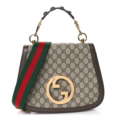 Gucci GG Supreme Monogram Textured Dollar Calfskin Web Medium Blondie Top Handle Shoulder Flap Bag Beige Ebony New Acero 1 of 11