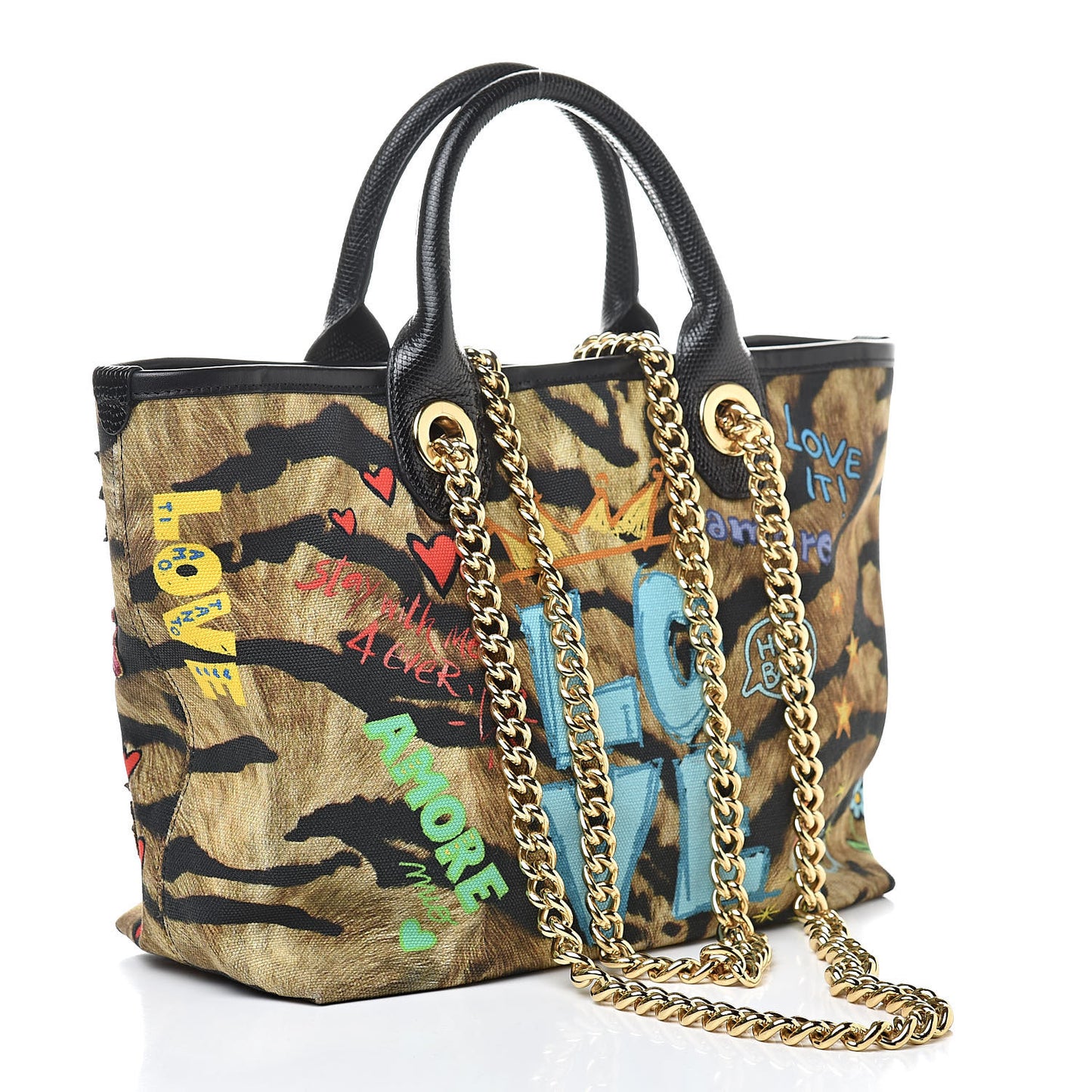 Leopard Print Graffiti Printed Iguana Amore Tote Black Multicolor