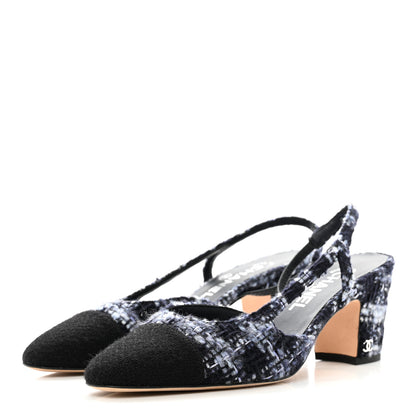 Chanel Tweed Cap Toe CC Slingback Pumps 38 Navy Blue Black 3 of 8