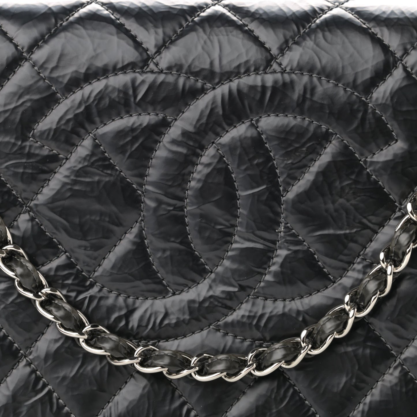 Glazed Calfskin Quilted CC Single Flap Black