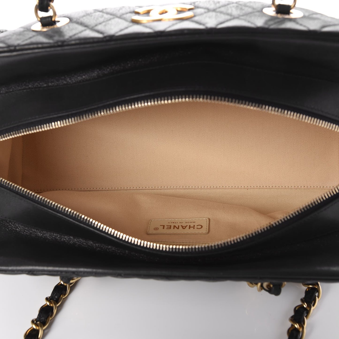 Iridescent Calfskin Chic Quilt Bowling Bag Black