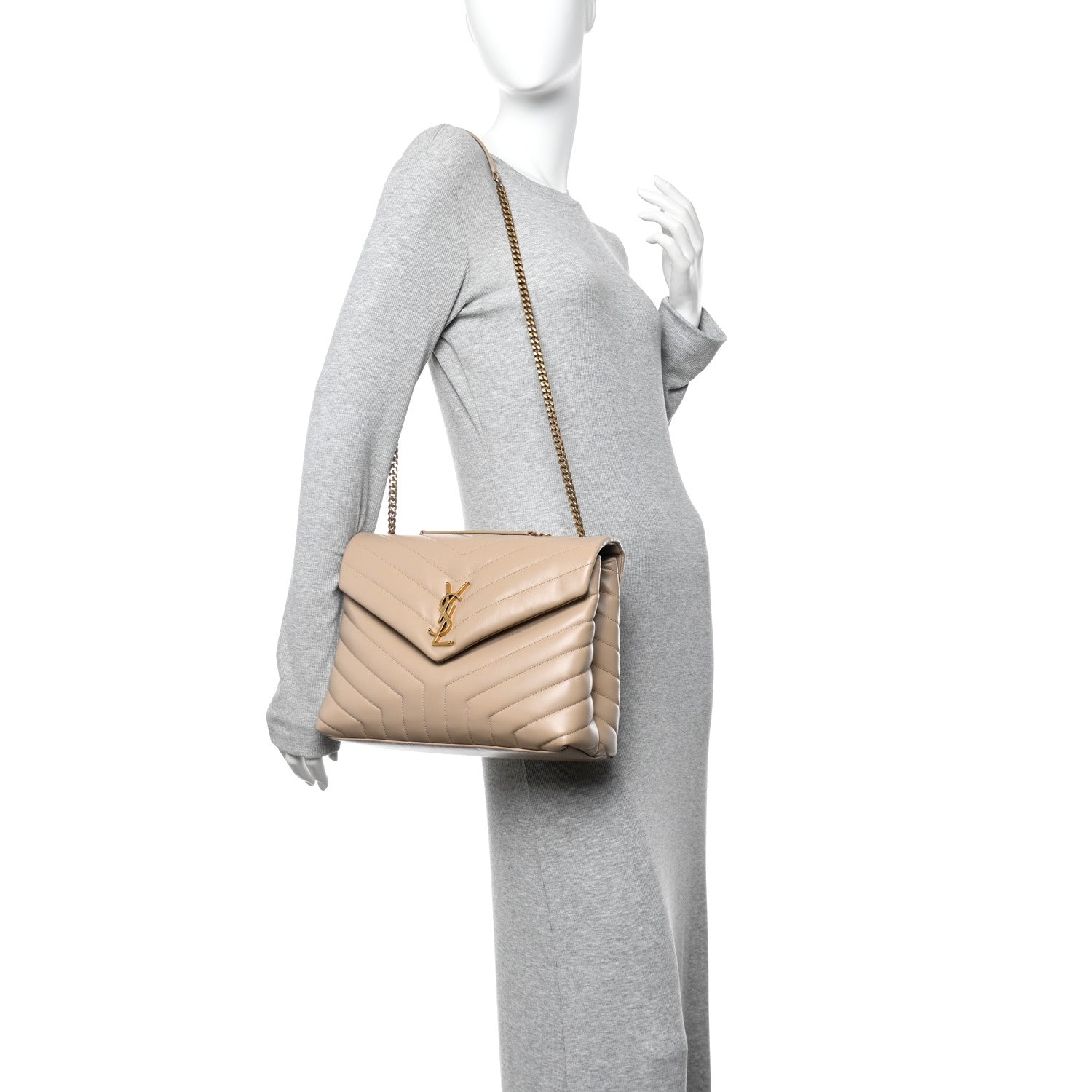 Saint Laurent Calfskin Y Quilted Monogram Medium Loulou Chain Satchel Dark Beige 2 of 12