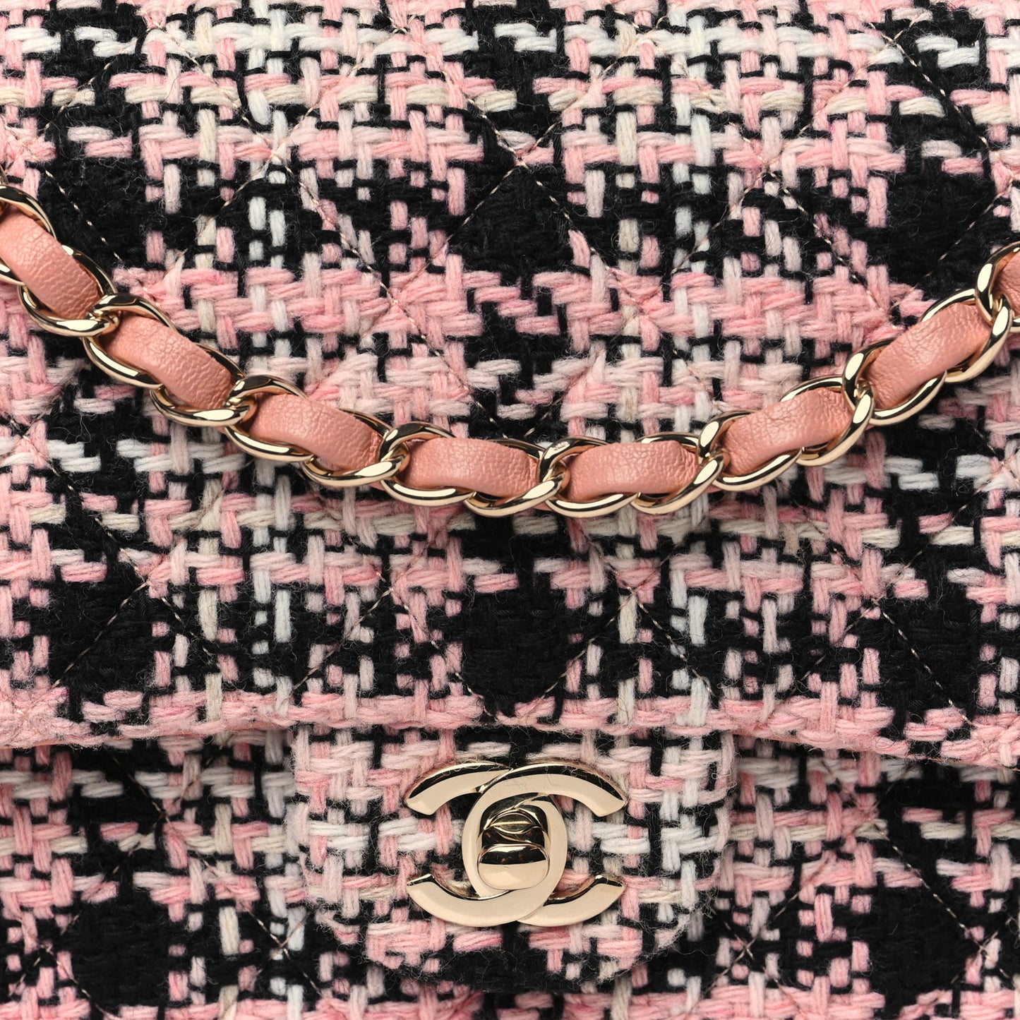 Tweed Quilted Medium Rectangular Flap Pink Black White