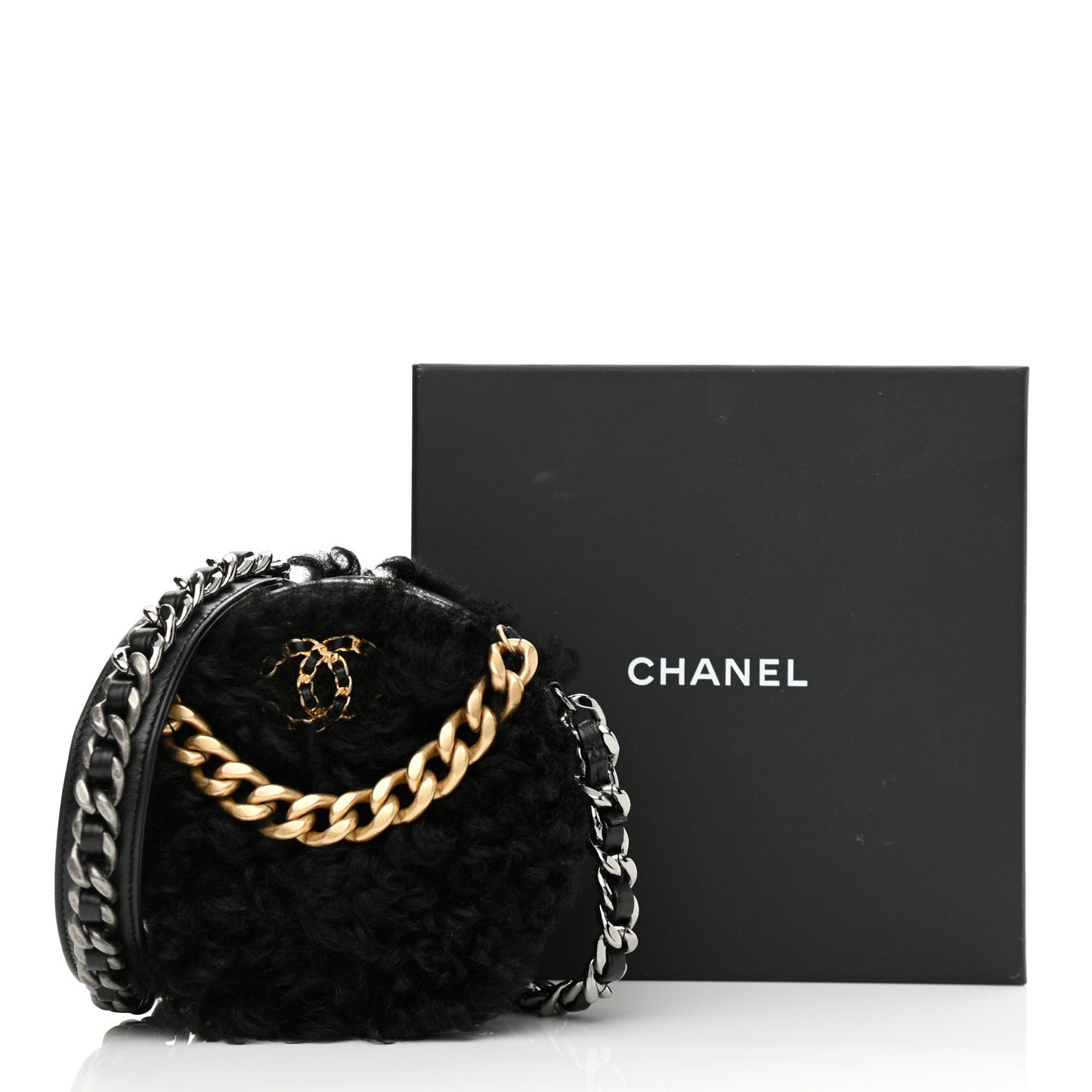 Shearling Sheepskin Chanel 19 Round Clutch With Chain Black