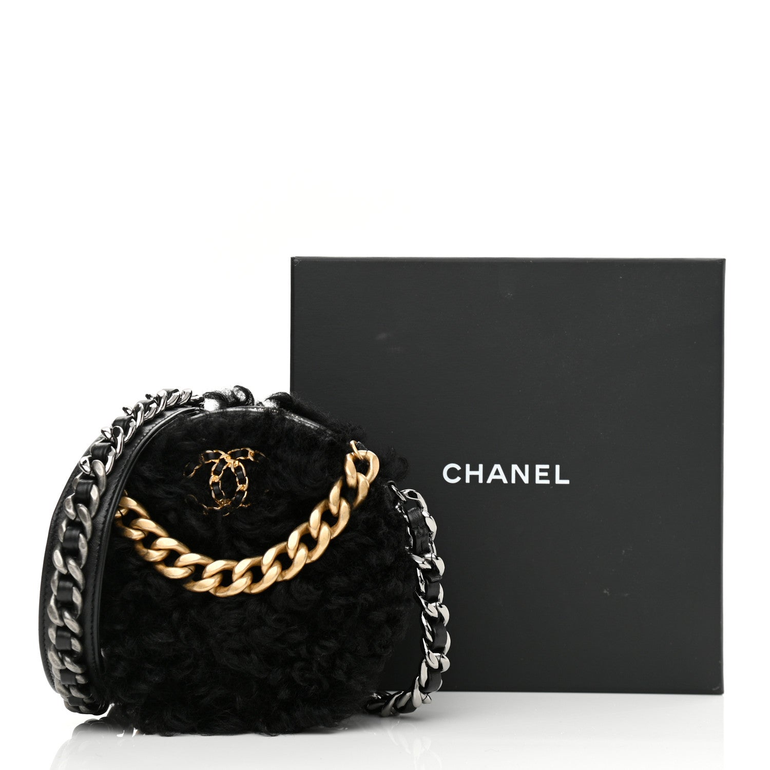 Chanel Shearling Sheepskin Chanel 19 Round Clutch With Chain Black 11 of 11