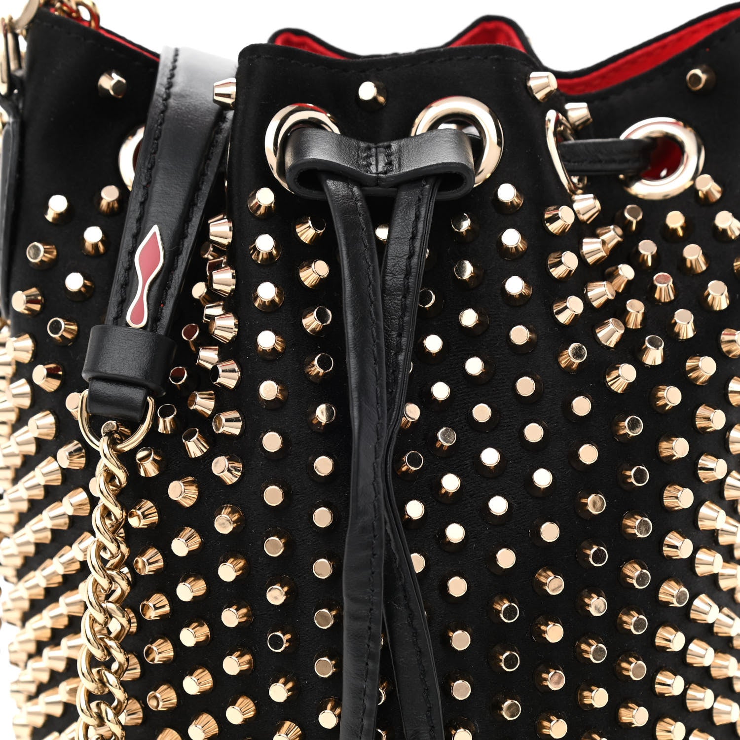 Christian Louboutin Silk Satin Calfskin Marie Jane Loubirun Studded Bucket Black Gold Platine 9 of 12