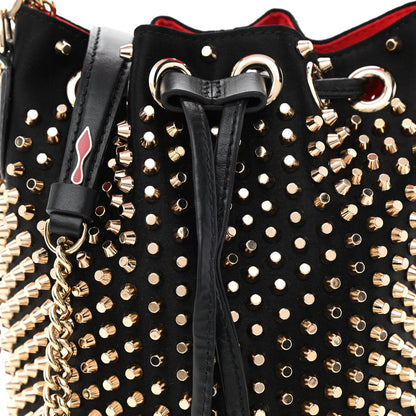 Christian Louboutin Silk Satin Calfskin Marie Jane Loubirun Studded Bucket Black Gold Platine 9 of 12