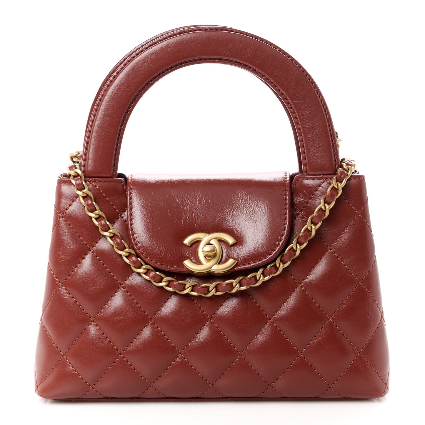 Shiny Aged Calfskin Quilted Nano Kelly Shopper Brown