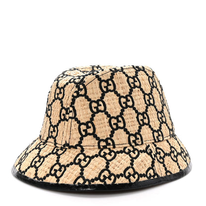 Gucci Raffia Elaphe Interlocking GG Embroidered Fedora Hat M Ivory Black 1 of 8