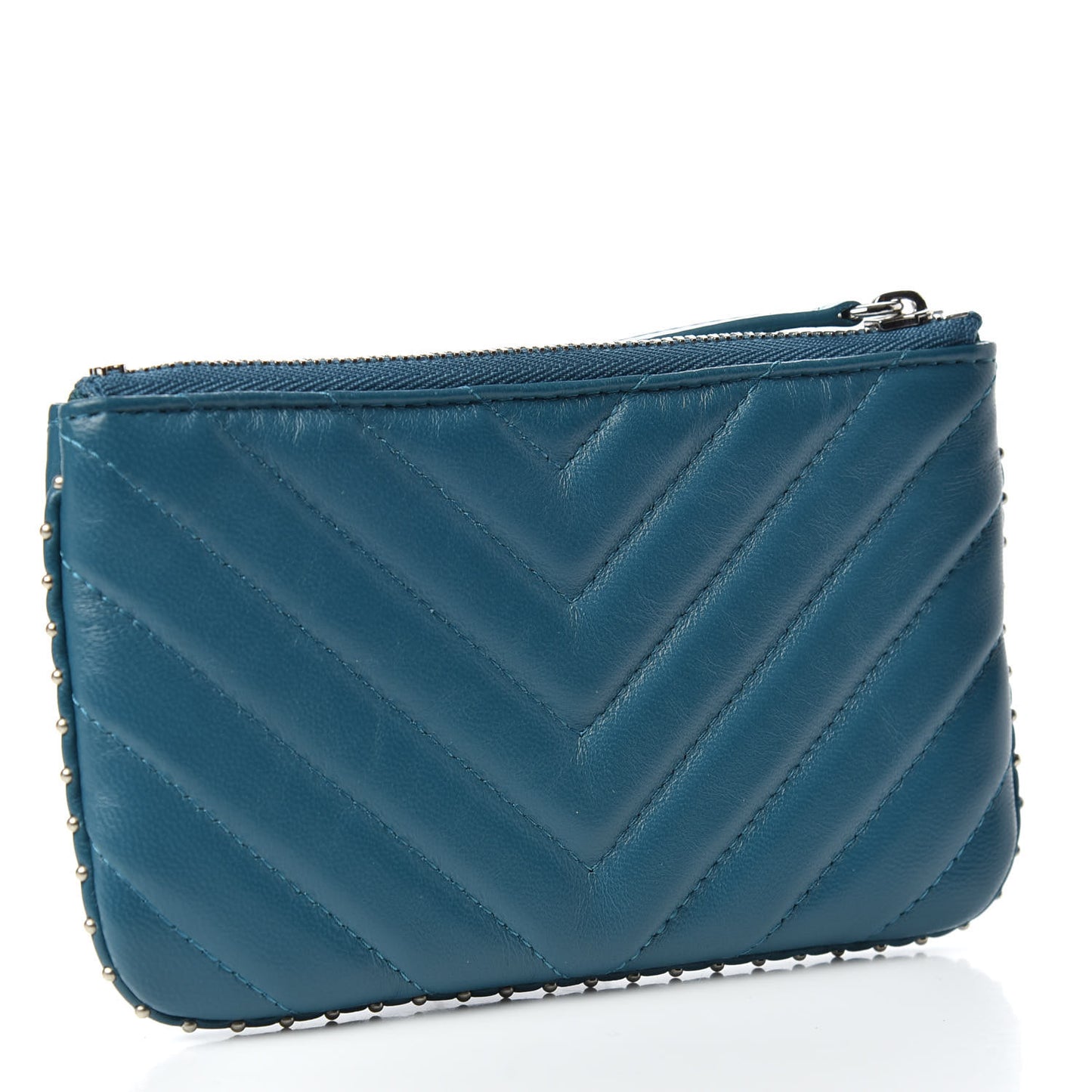 Lambskin Chevron Quilted Studded Small Cosmetic Case Blue