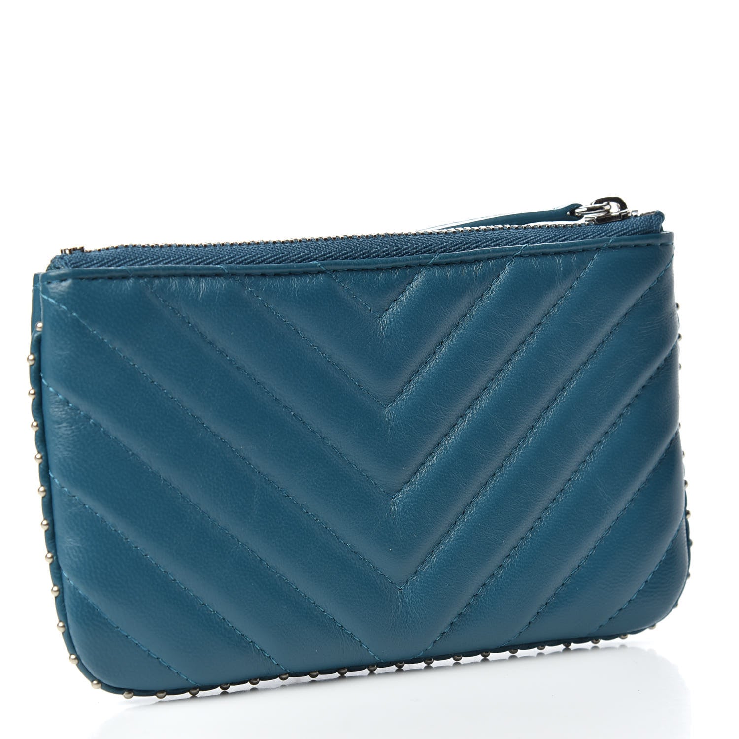 Chanel Lambskin Chevron Quilted Studded Small Cosmetic Case Blue 3 of 8