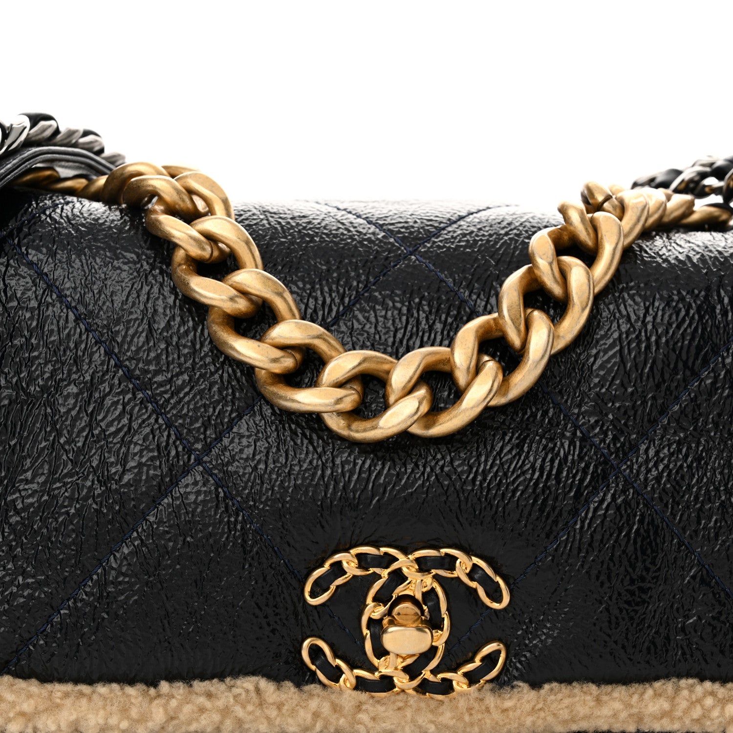 Chanel Crumpled Calfskin Shearling Sheepskin Quilted Large Chanel 19 Flap Navy 8 of 10
