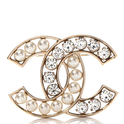 Chanel Pearl Crystal CC Brooch Gold Pearly White 1 of 6