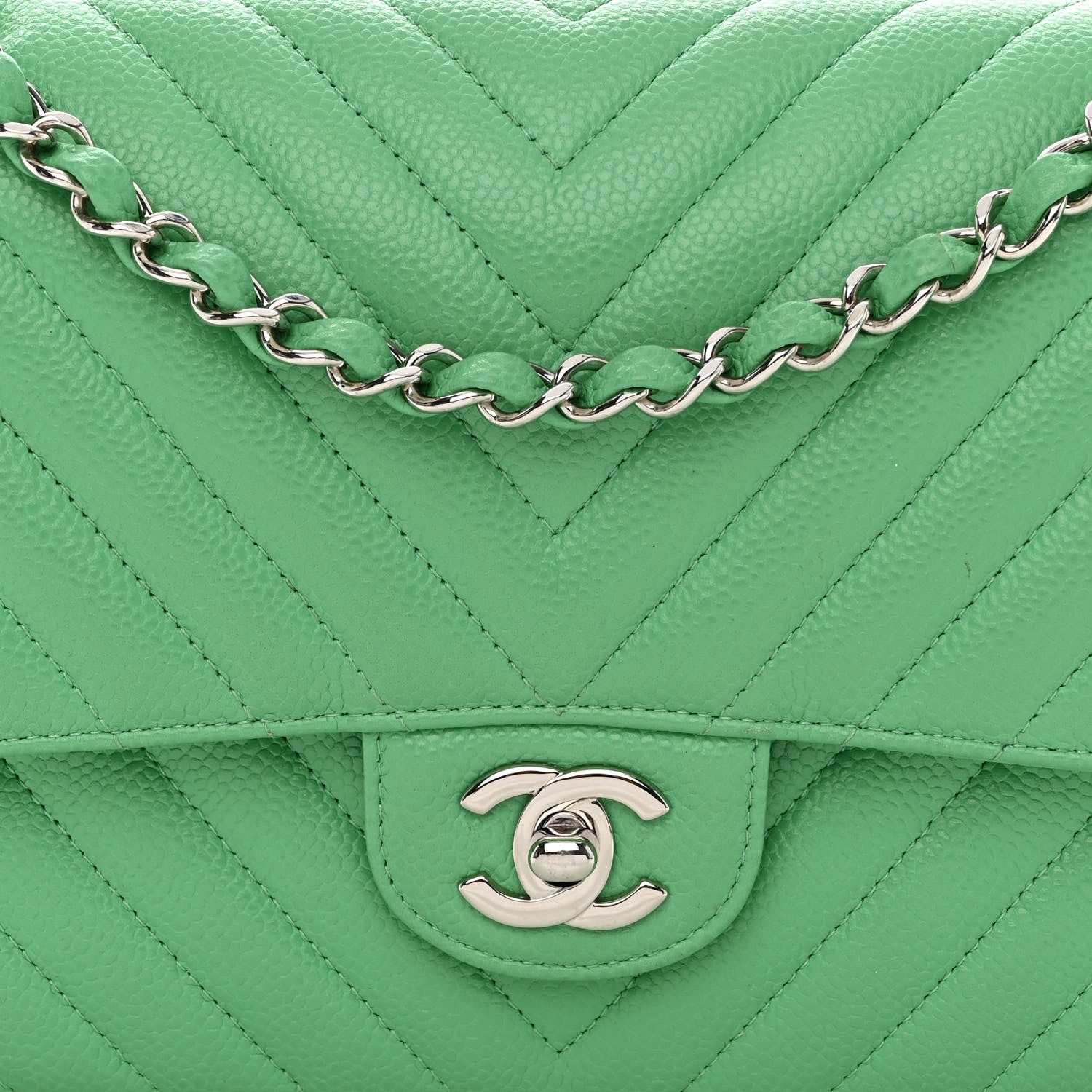Chanel Caviar Chevron Quilted Medium Double Flap Green 8 of 12