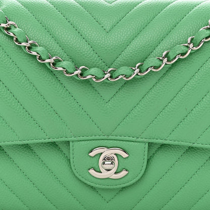 Chanel Caviar Chevron Quilted Medium Double Flap Green 8 of 12