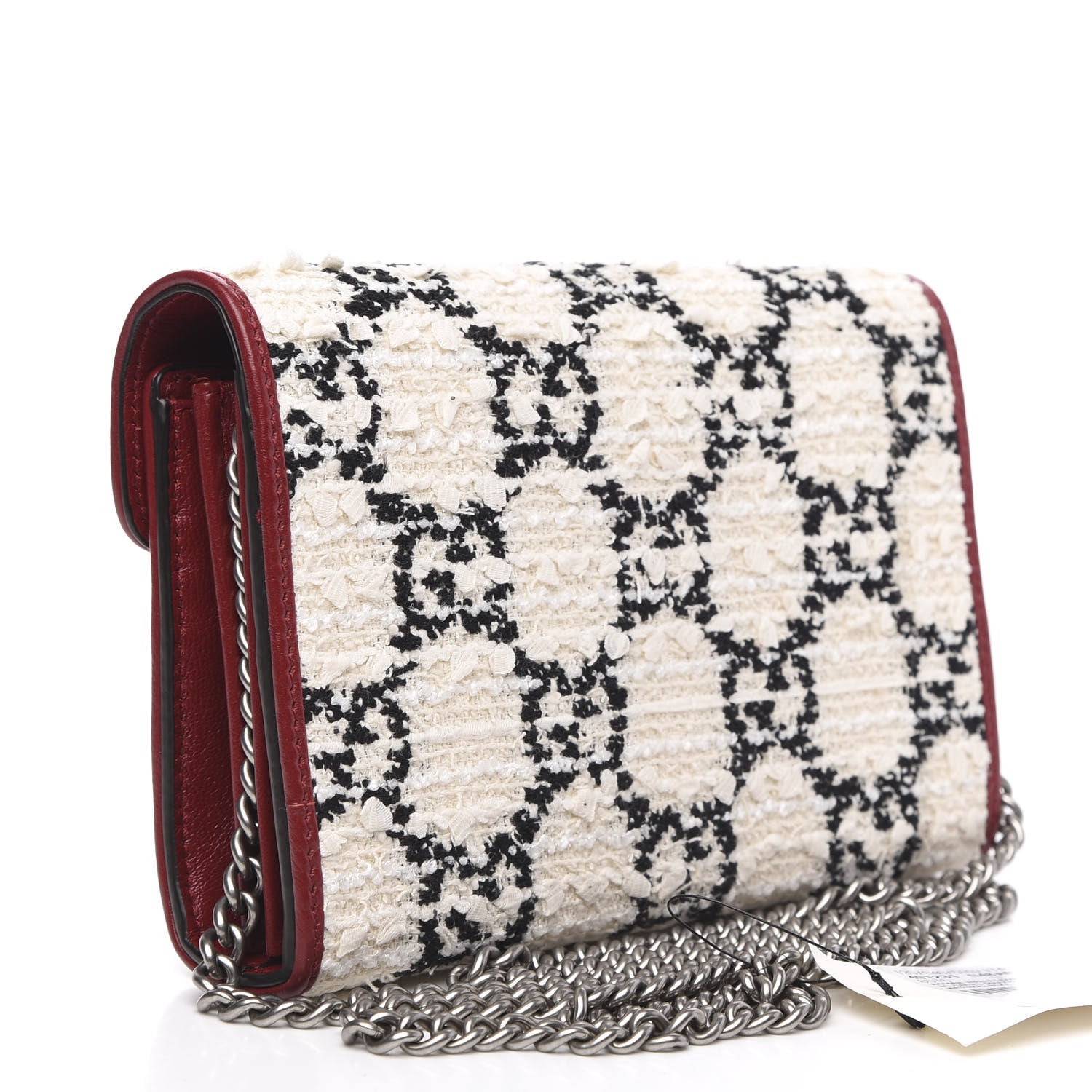 Gucci Tweed GG Monogram Mini Dionysus Chain Wallet White Black Romantic Cherry 3 of 10