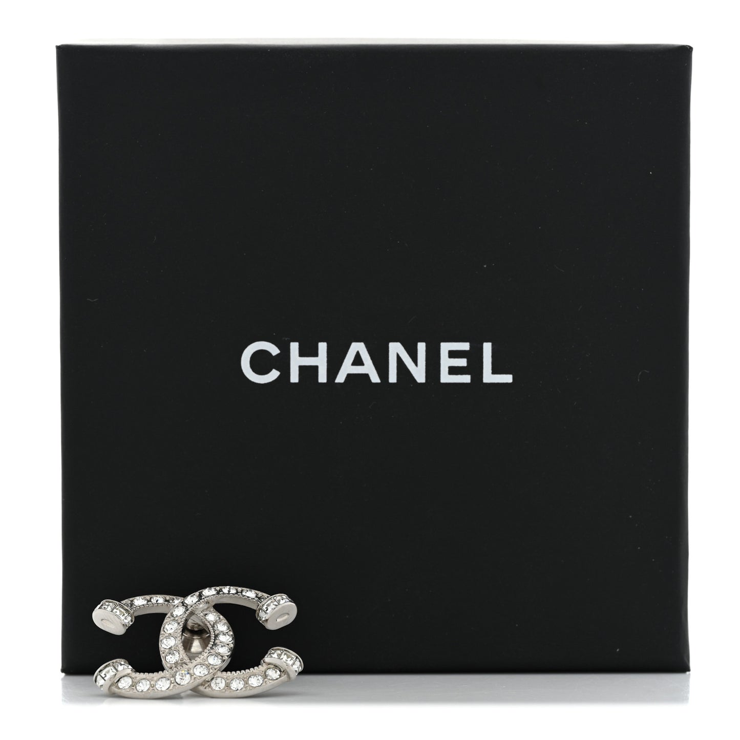 Metal Crystal Baguette CC Brooch Silver