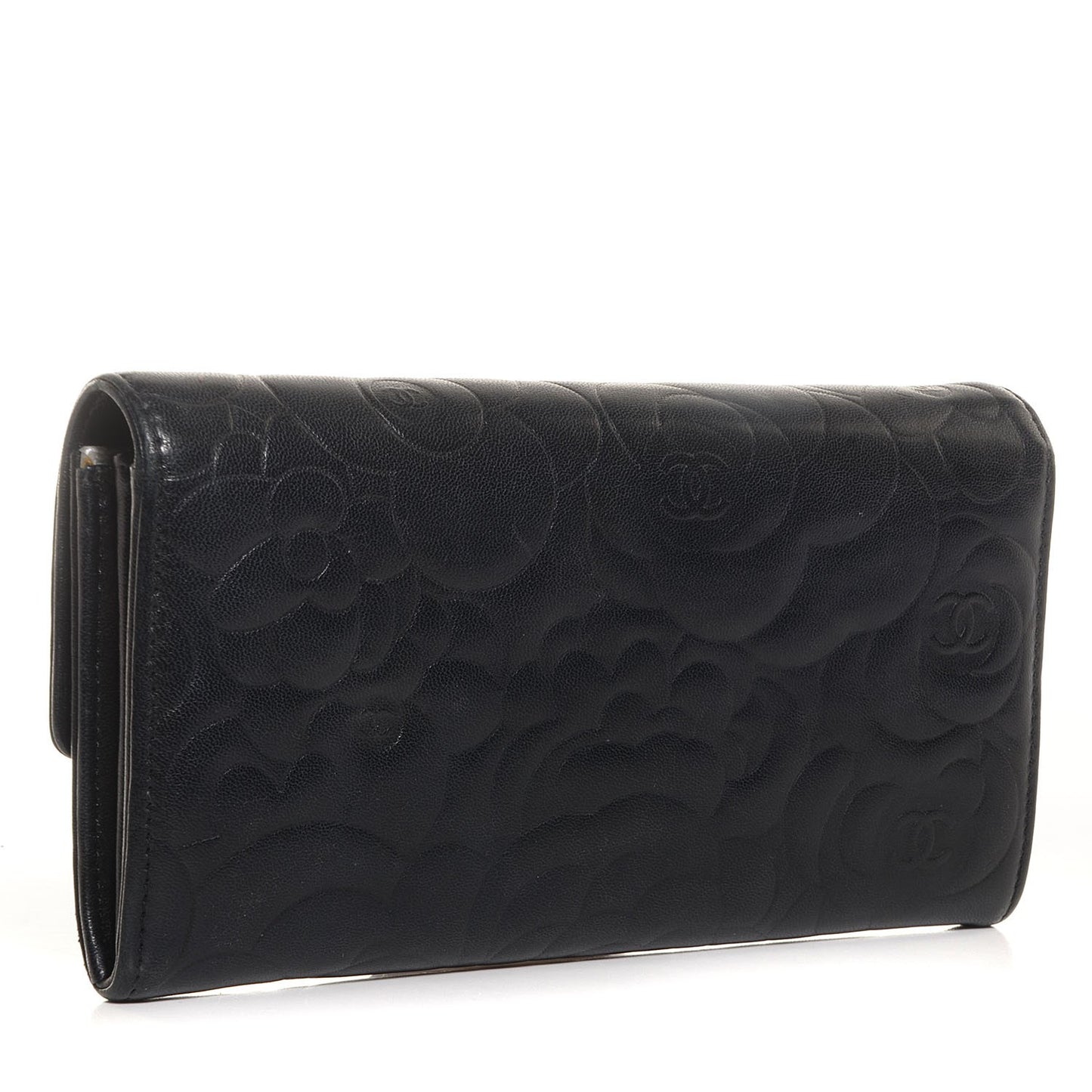 Lambskin Camellia Embossed Large Gusset Flap Wallet Black