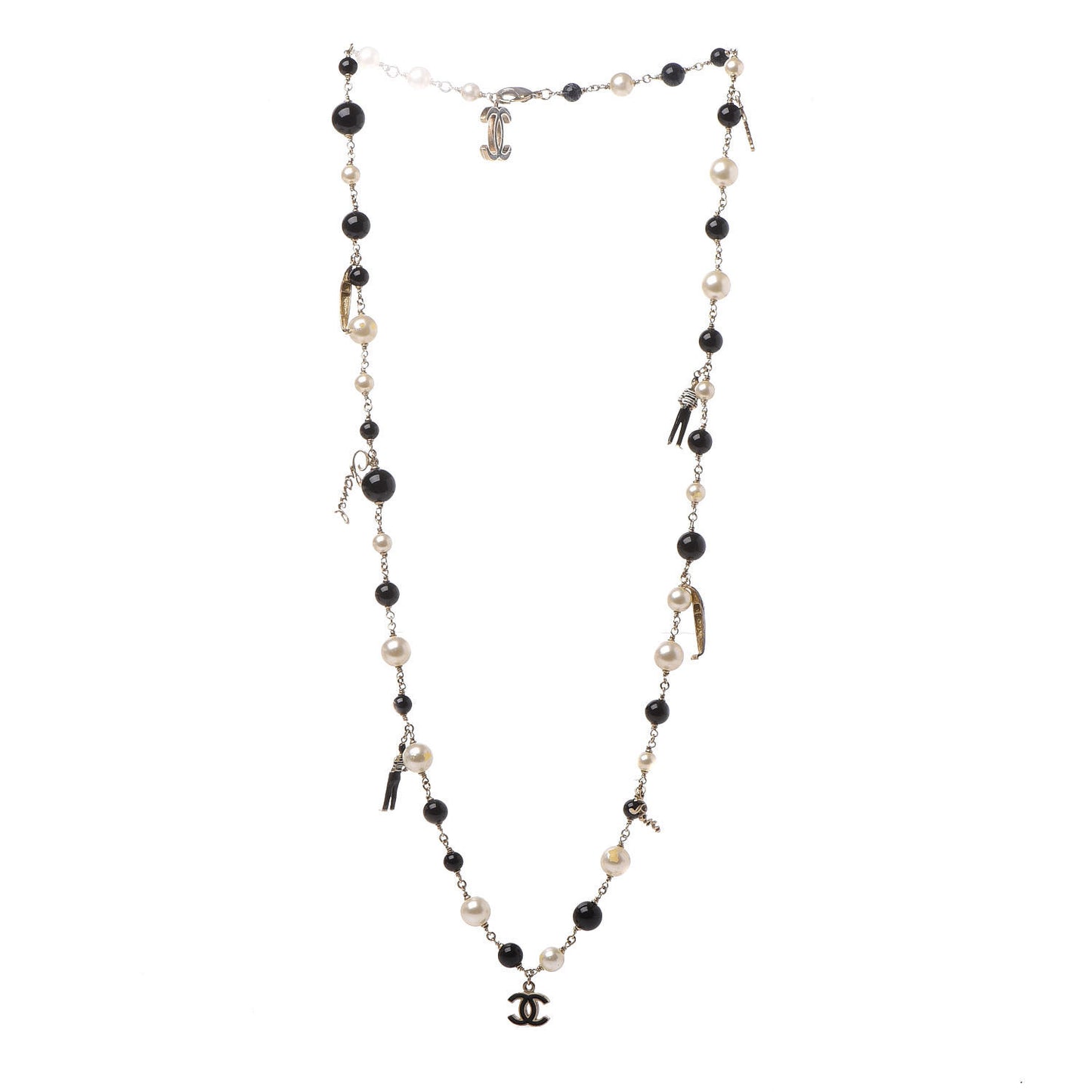 Pearl Bead Enamel CC Long Necklace Black Gold