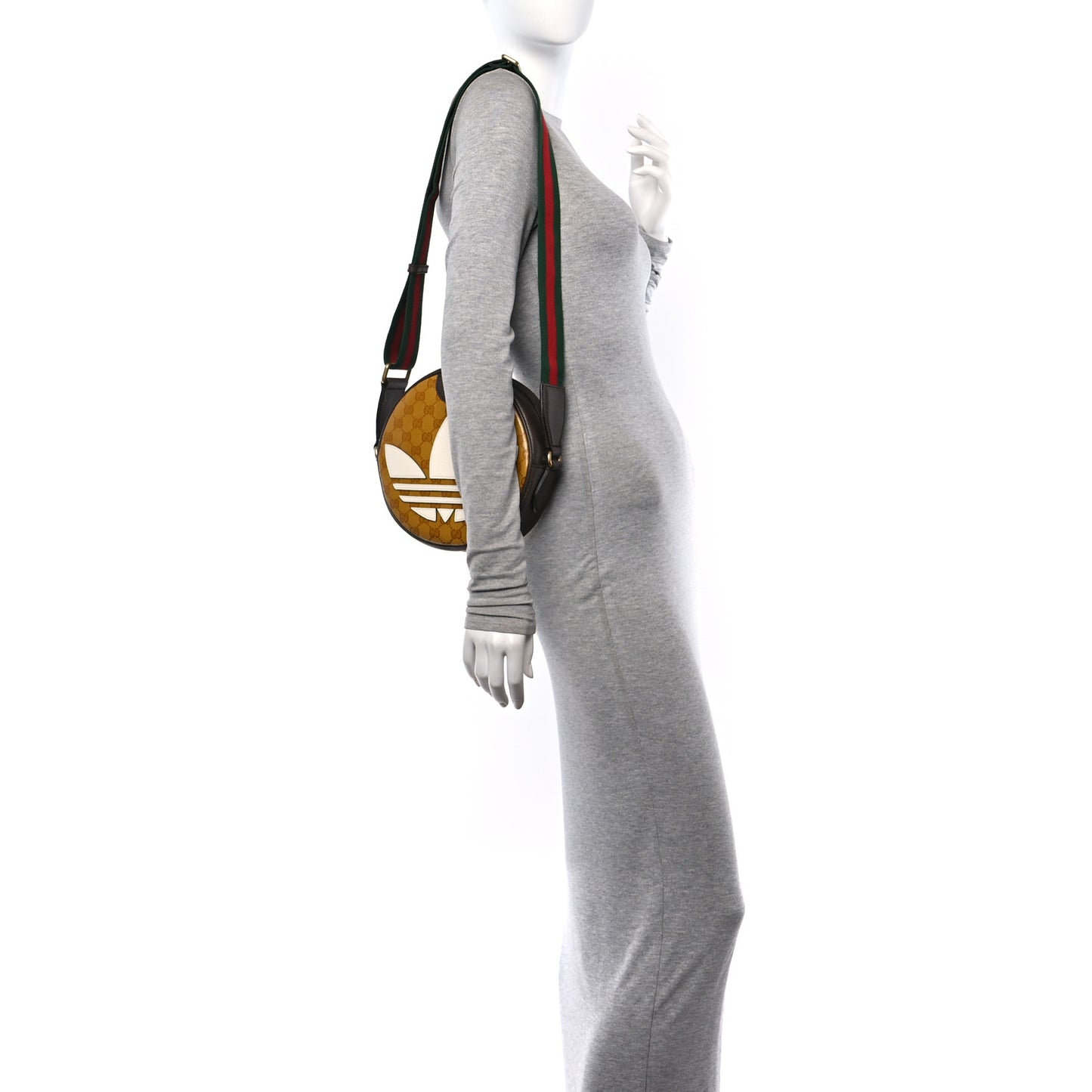 X ADIDAS Crystal Vintage Monogram Textured Dollar Calfskin Web Trefoil Small Ophidia Round Shoulder Bag Mid Natural Nut Off White New Acero
