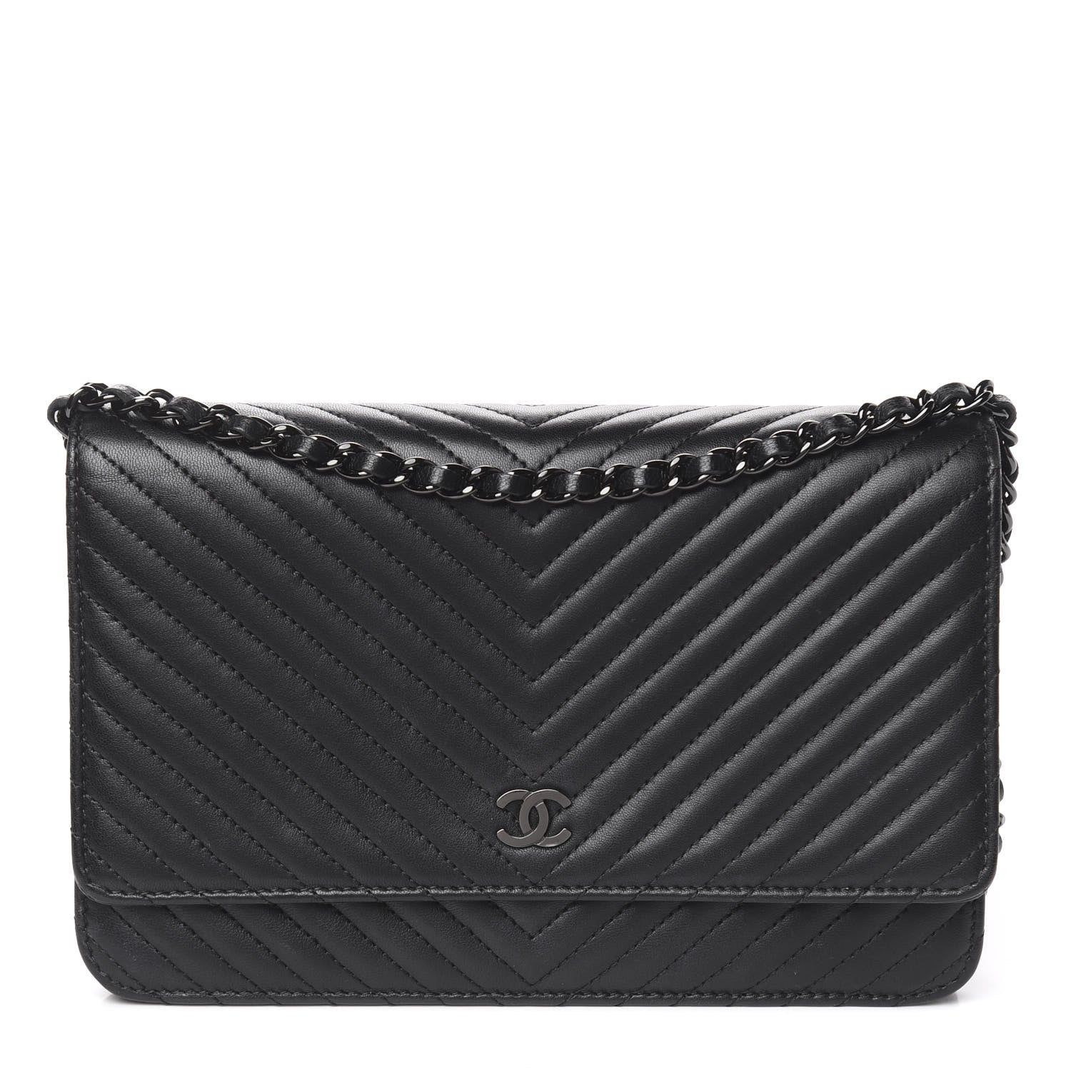 Chanel Lambskin Chevron Quilted Wallet On Chain WOC So Black 1 of 14