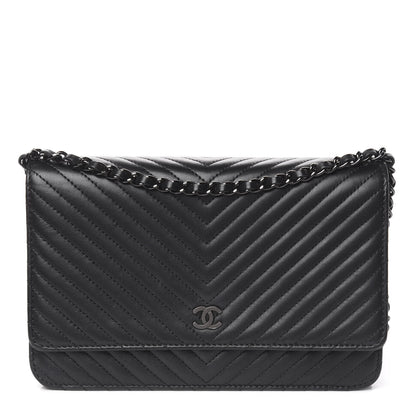 Chanel Lambskin Chevron Quilted Wallet On Chain WOC So Black 1 of 14