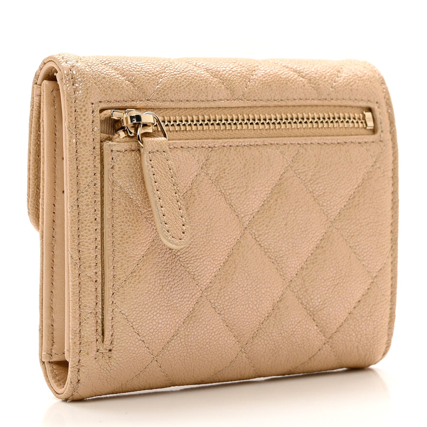 Iridescent Caviar Quilted Compact Flap Wallet Beige