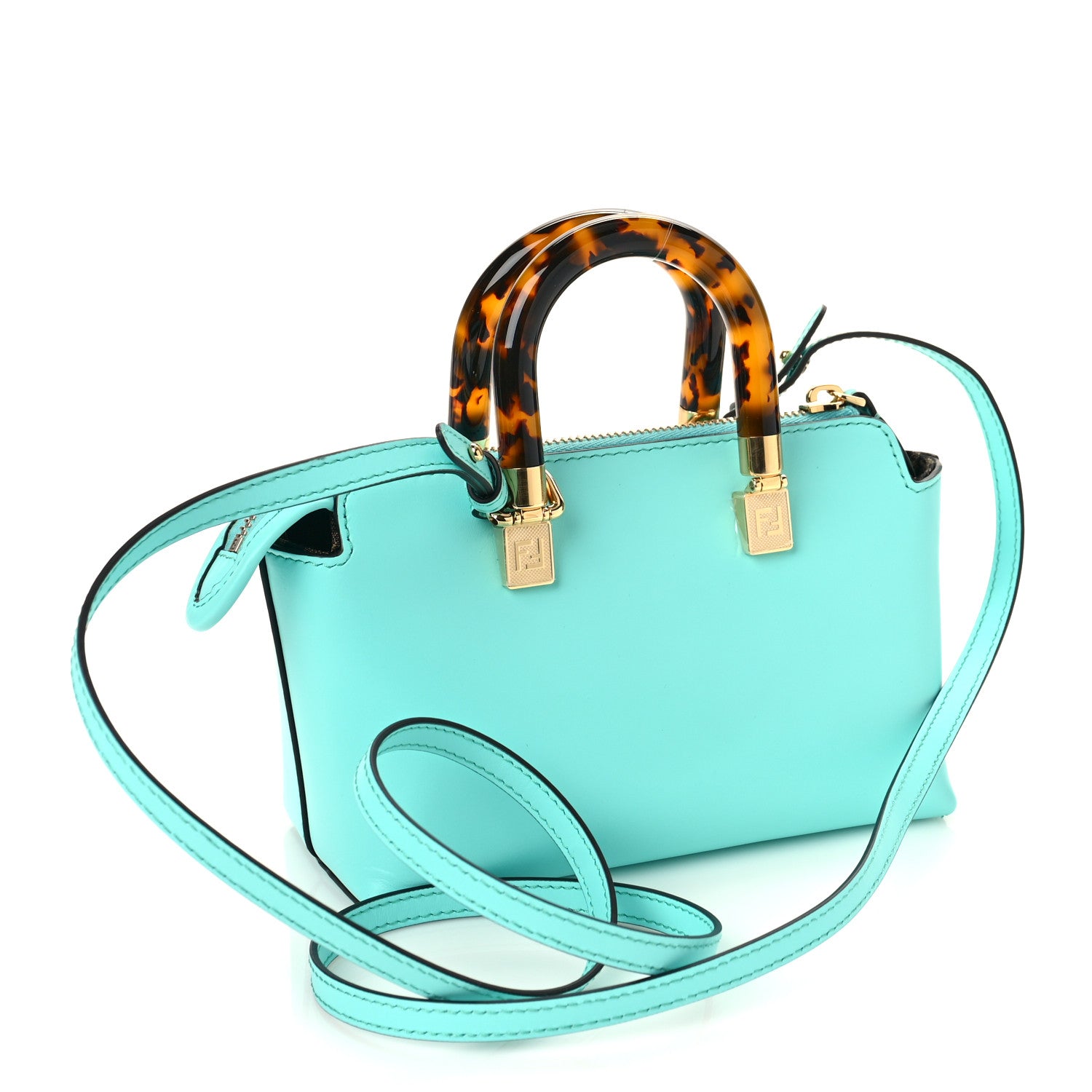 Fendi Vitello King Plexiglass Logo Embossed Mini By The Way Top Handle Boston Bag Spring Turquoise 3 of 8
