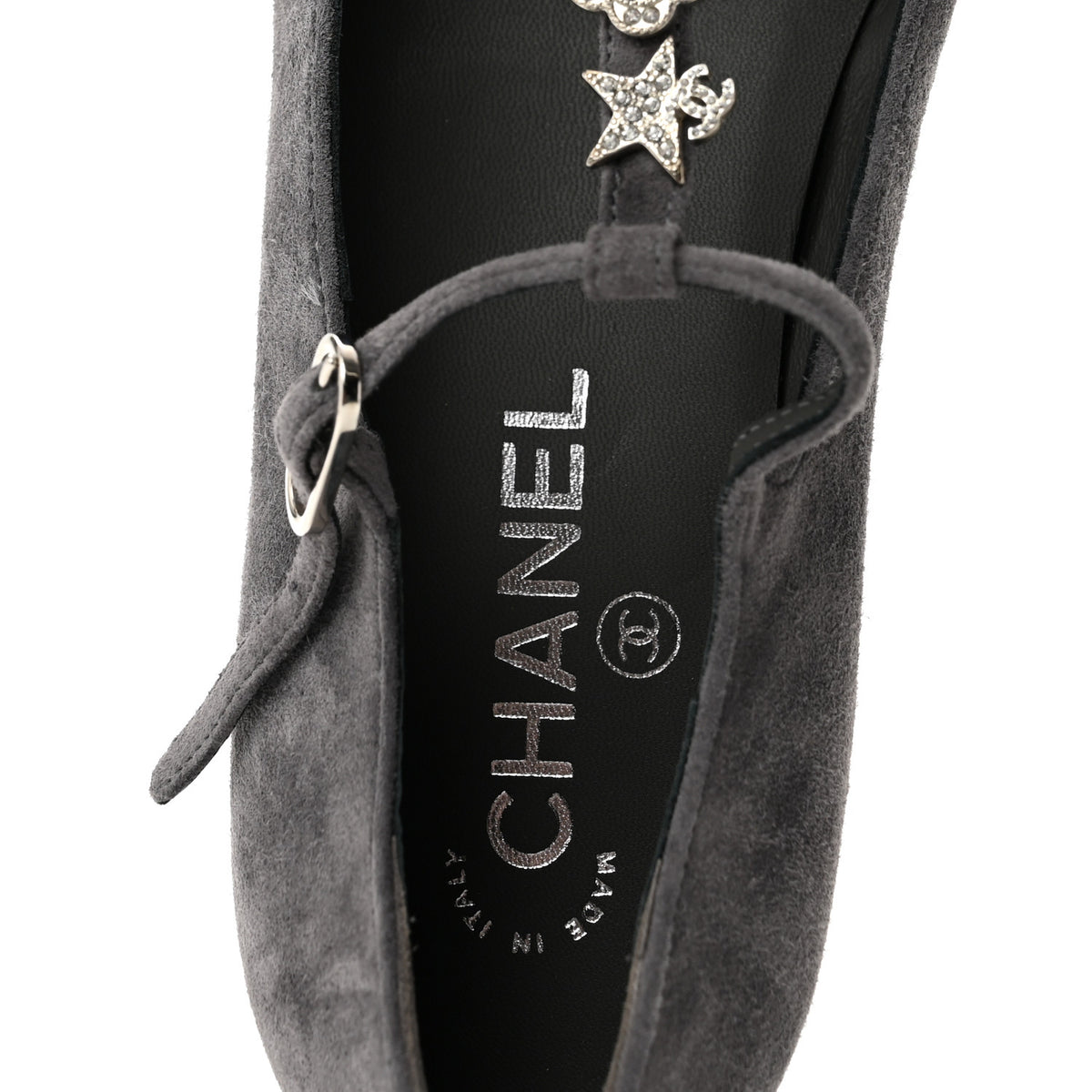 Chanel Suede Grosgrain Crystal Pearl Crystal Cap Toe T Strap CC Mary Jane Flats  37.5 Grey Black 8 of 9