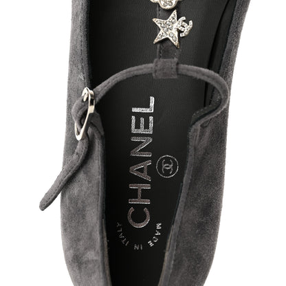 Chanel Suede Grosgrain Crystal Pearl Crystal Cap Toe T Strap CC Mary Jane Flats  37.5 Grey Black 8 of 9