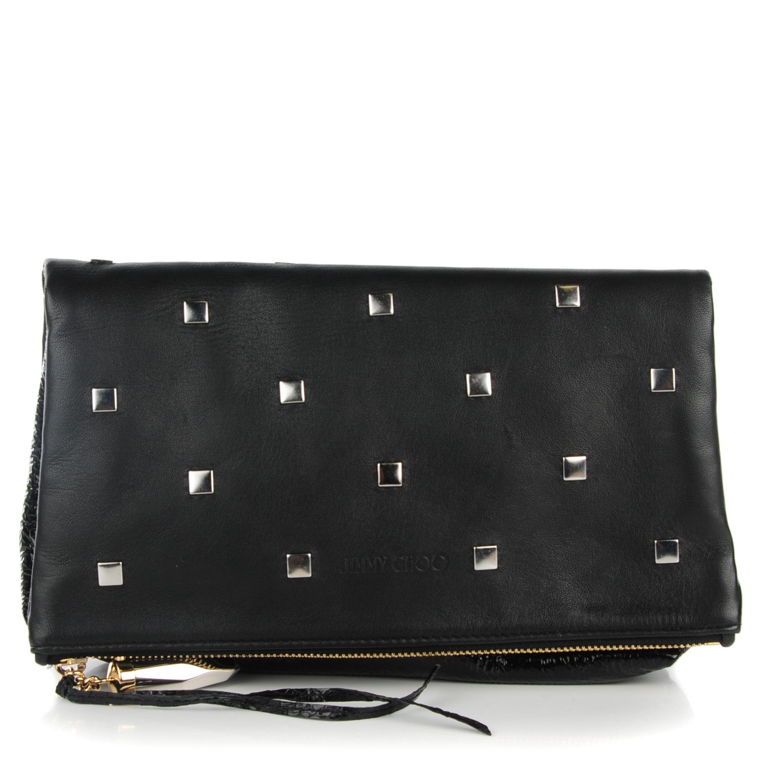 Jimmy Choo Lambskin Studded Patent Foldover Clutch Black 1 of 7
