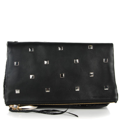 Jimmy Choo Lambskin Studded Patent Foldover Clutch Black 1 of 7
