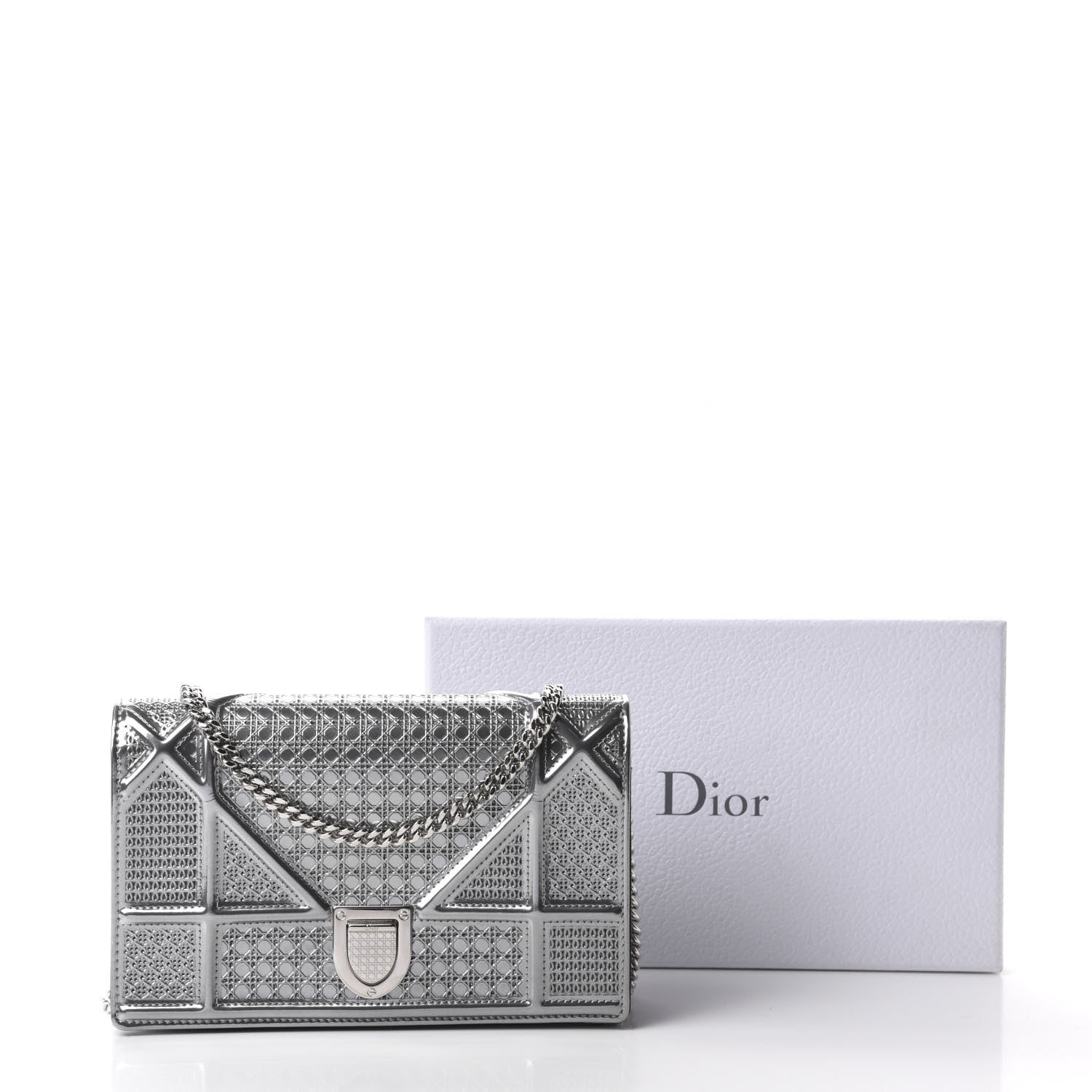 Christian Dior Metallic Patent Micro-Cannage Diorama Wallet on Chain Pouch Silver 10 of 10