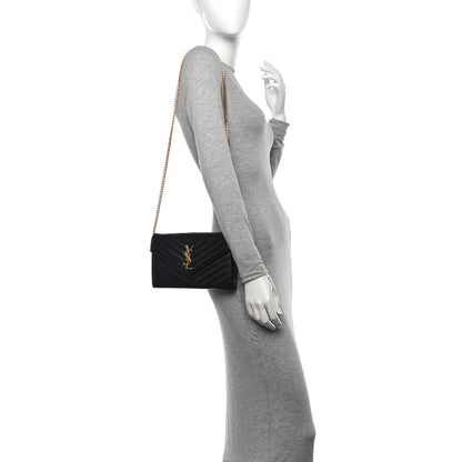Saint Laurent Grain De Poudre Matelasse Chevron Monogram Chain Wallet Black 2 of 12
