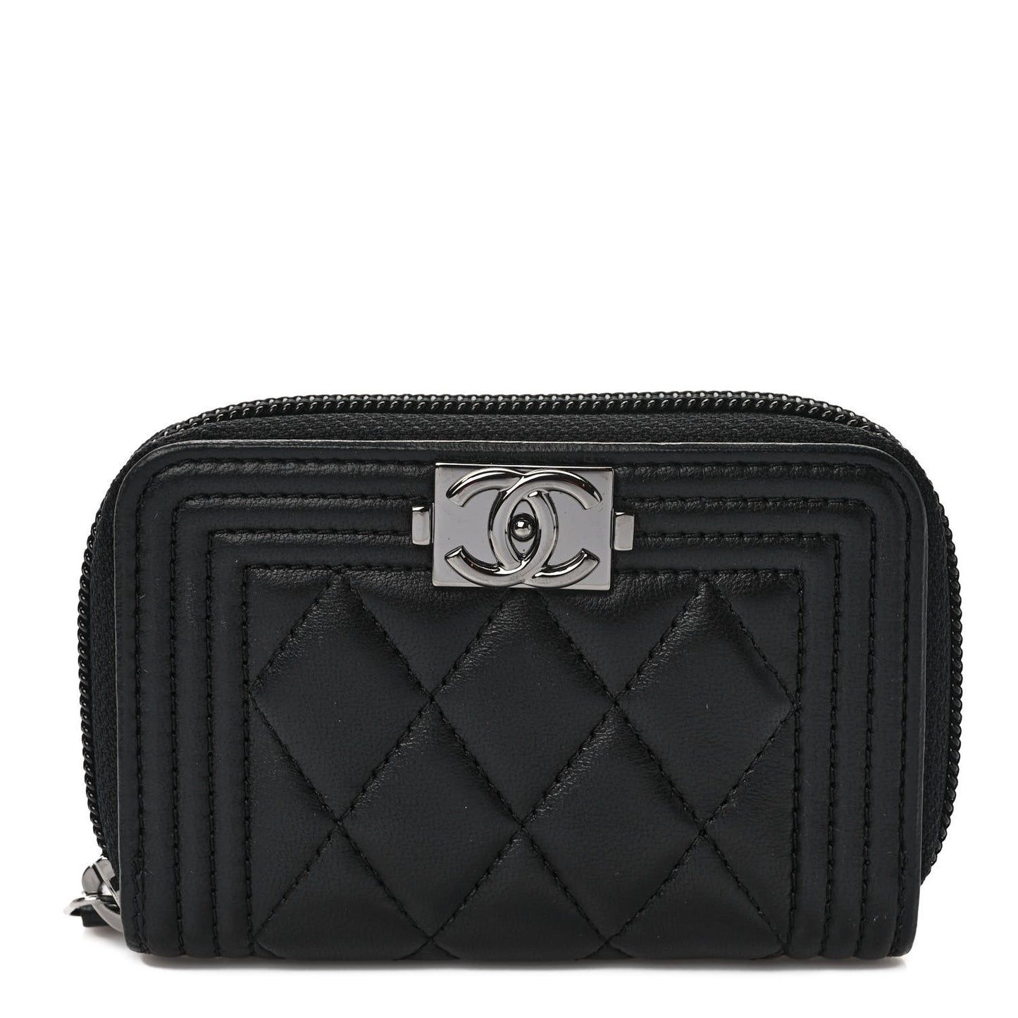 Lambskin Quilted Zip Around Boy Coin Purse Wallet Black