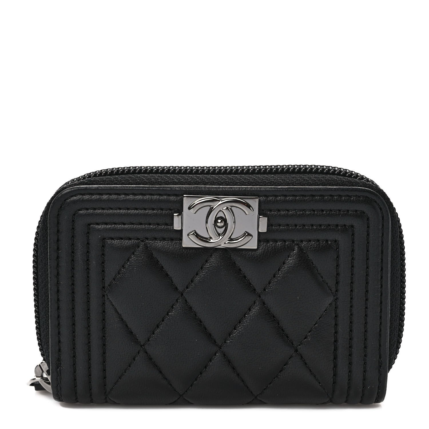Chanel Lambskin Quilted Zip Around Boy Coin Purse Wallet Black 1 of 8