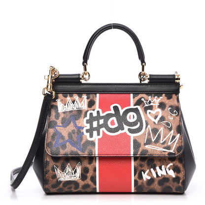 Dolce & Gabbana Dauphine Leopard Graffiti Print Small Miss Sicily Satchel Black 1 of 6