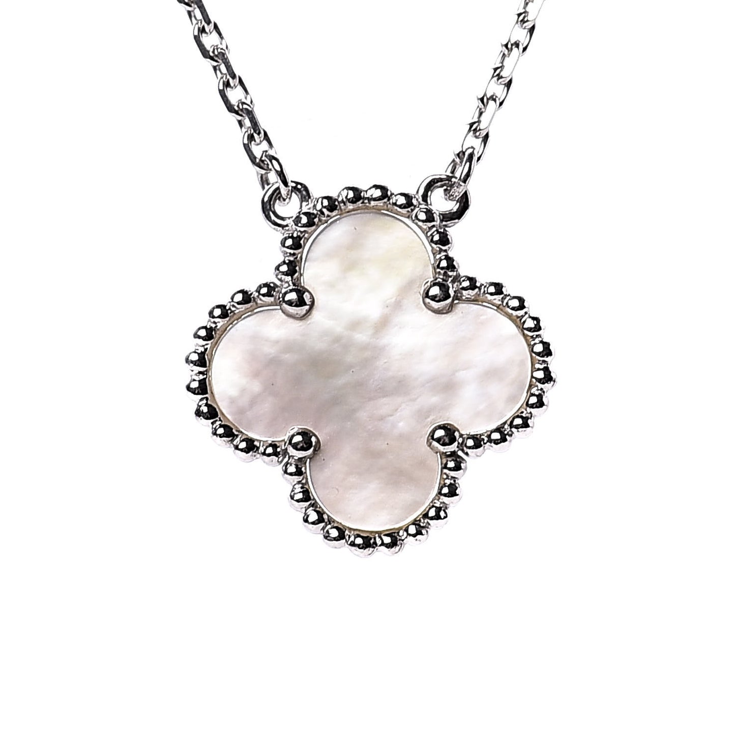18K White Gold Mother of Pearl Vintage Alhambra Pendant Necklace