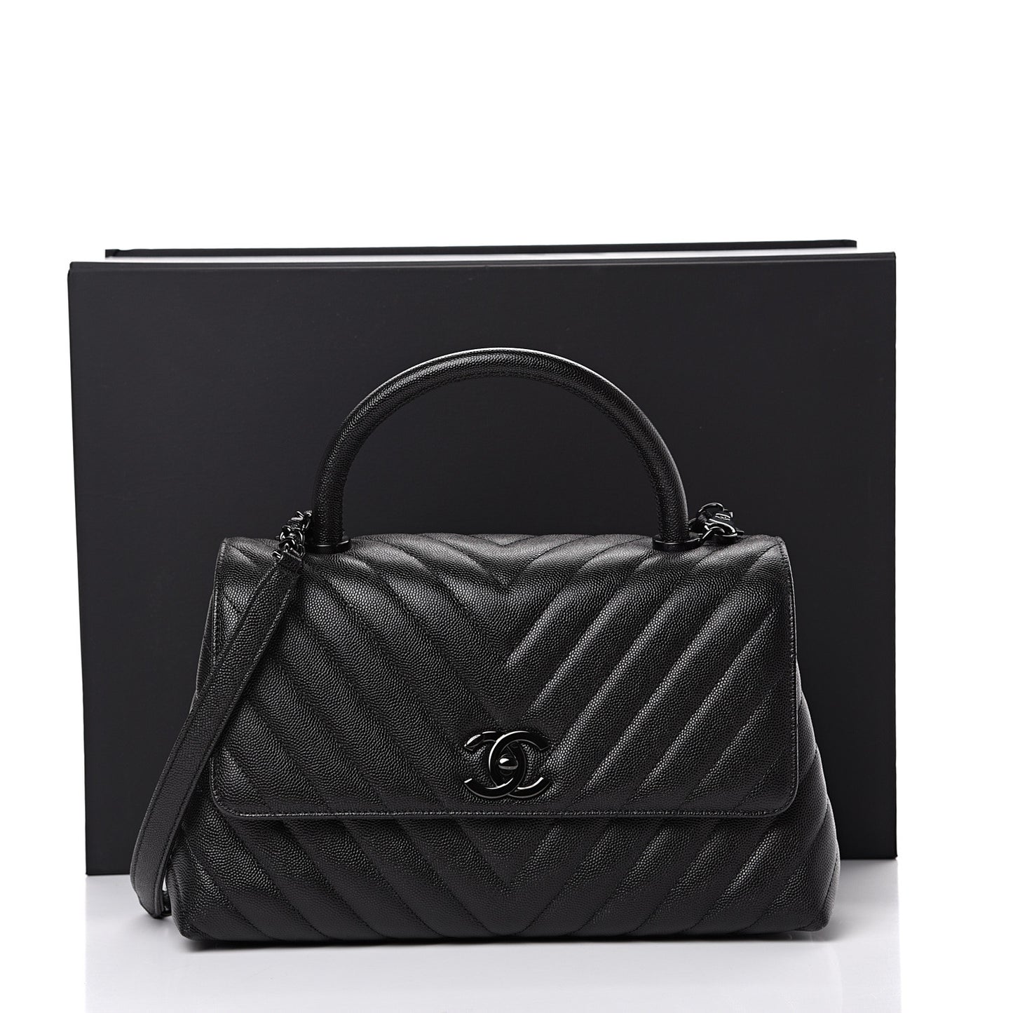 Caviar Chevron Quilted Small Coco Handle Flap So Black