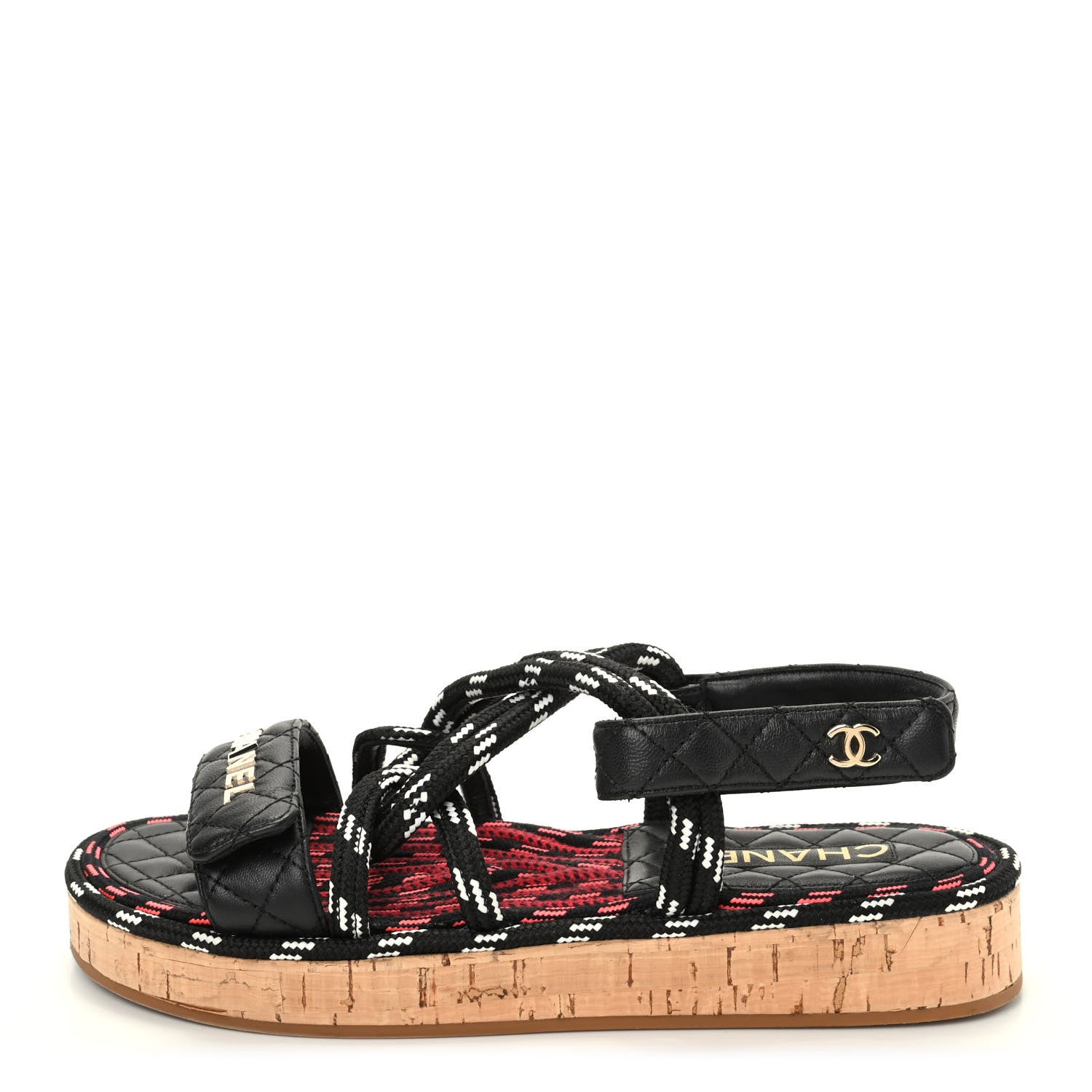 Chanel Cord Lambskin Quilted Logo Sandals 39 Black White 1 of 11