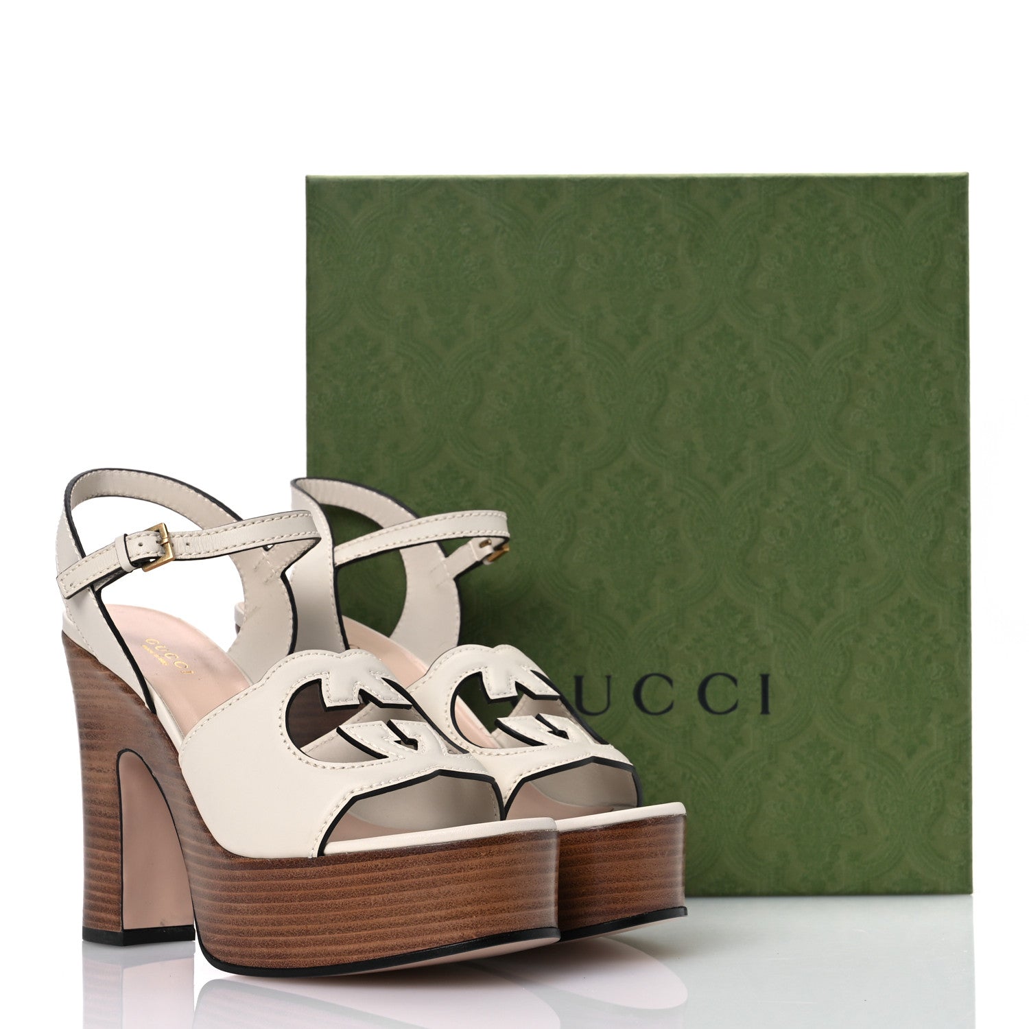 Gucci Cosmos Softy Calfskin Wooden Interlocking G Cut-Out 30/120mm Platform Sandals 38 Mystic White 14 of 14