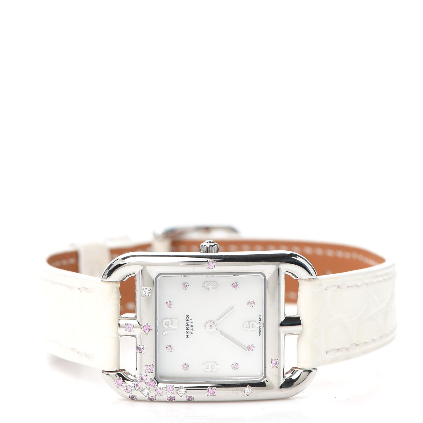 Stainless Steel Alligator Diamond Pink Sapphire Mother of Pearl 23mm Cape Cod Quartz Watch Blanc