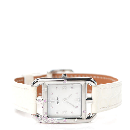 Hermes Stainless Steel Alligator Diamond Pink Sapphire Mother of Pearl 23mm Cape Cod Quartz Watch Blanc 2 of 5