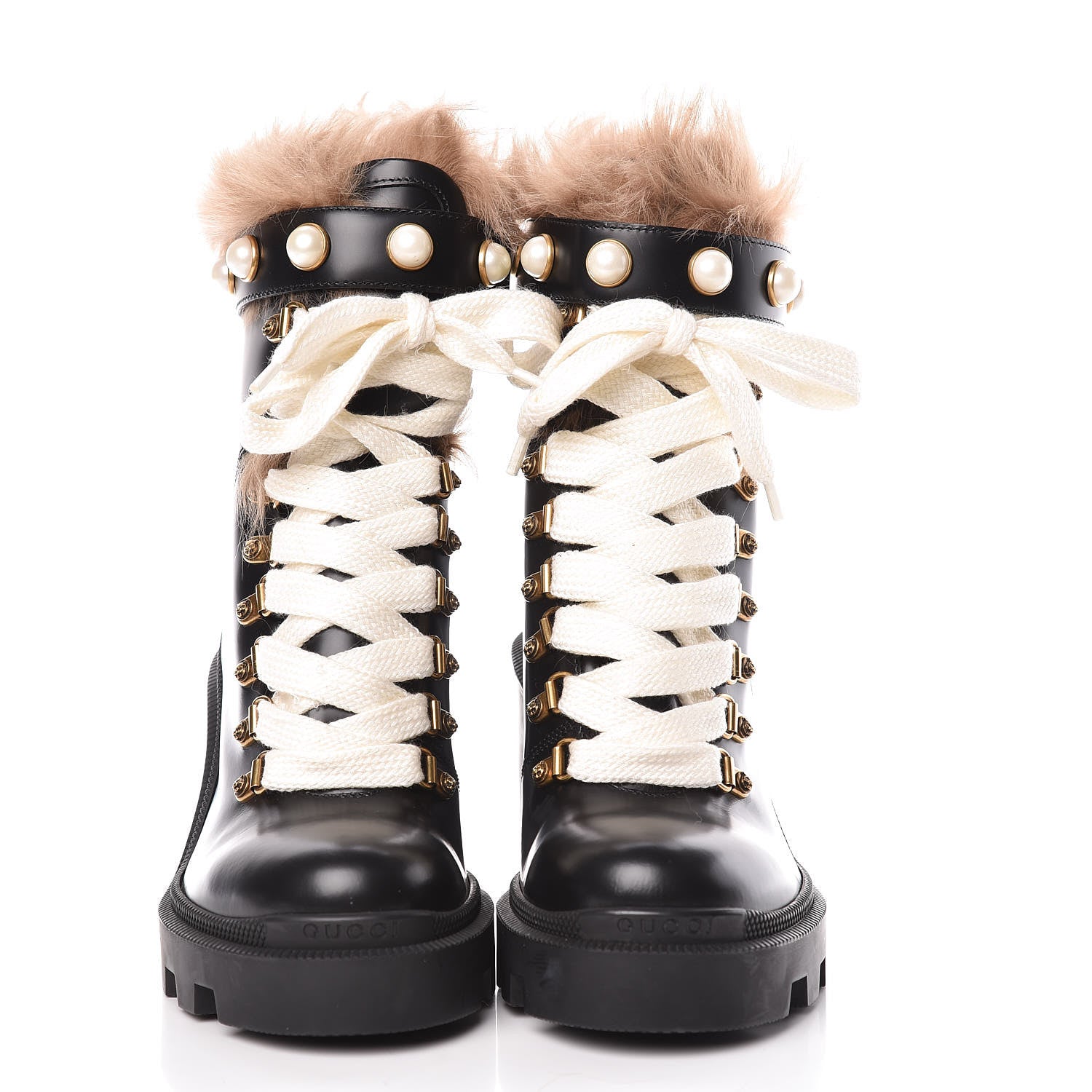 Gucci Magnum Calfskin Fur Pearl Lace Up Combat Ankle Boots 36 Black Naturale 2 of 7
