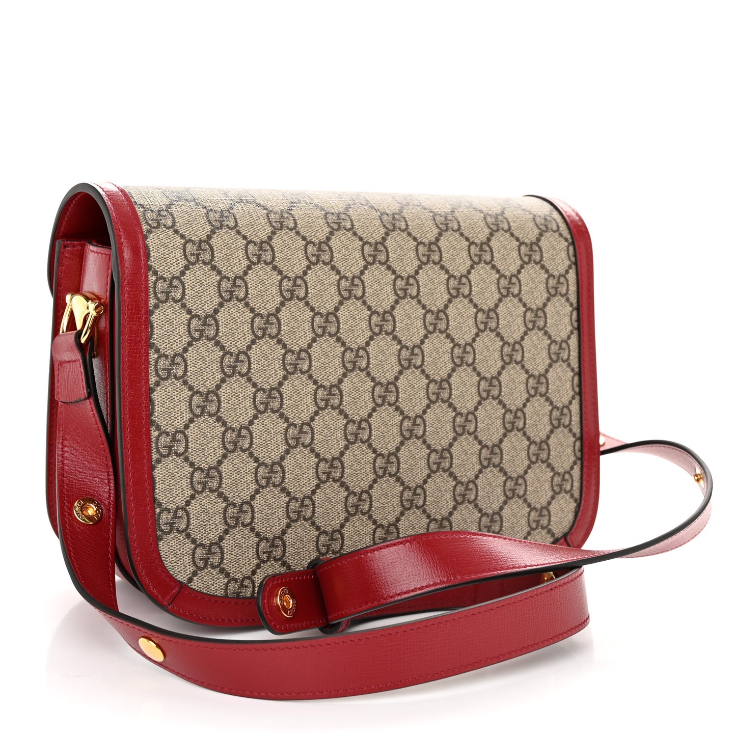 GG Supreme Monogram Azalea Calfskin Horsebit 1955 Shoulder Bag Beige Ebony New Cherry Red