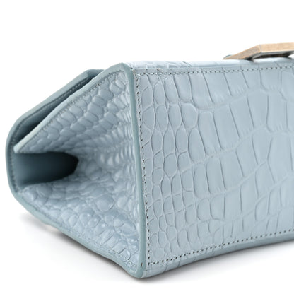 Balenciaga Shiny Calfskin Crocodile Embossed Small Hourglass Top Handle Bag Blue Grey 11 of 16